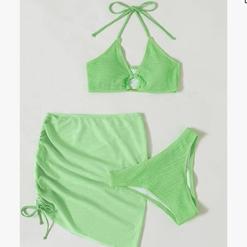 Green SMALL Women's O-Ring Halter Tie-Up Bikini Set with Cover Up Skirt